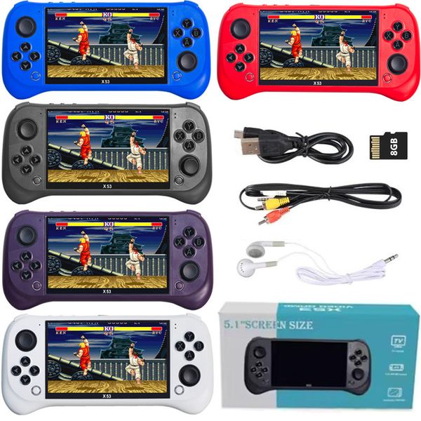 X53 5.1 inch Handheld Game Console Portable Player Video Games AV TV Output 11+ Simulator Built-in 8GB 7000+ Classic Retro Games Support MP3 Player E Book For NES/SFC/GBA