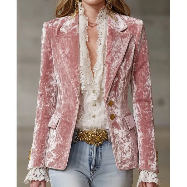 Womens Vintage Velvet Blazer Pink Lapel Jacket Elegant Long Sleeve Slim Fit Coat For Autumn Winter Casual Female Outwears 251217