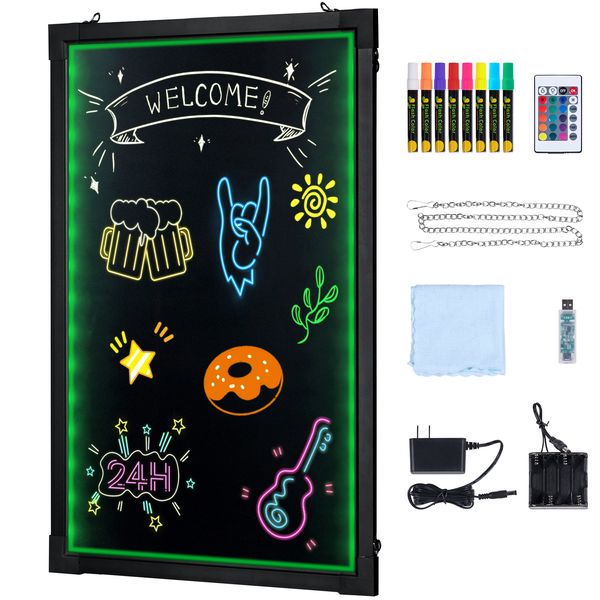 LED Message Writing Board 16"x12" Illuminated Erasable Lighted Chalkboard Neon Effect Menu Sign Drawing Board with 8 Fluorescent Chalk Markers