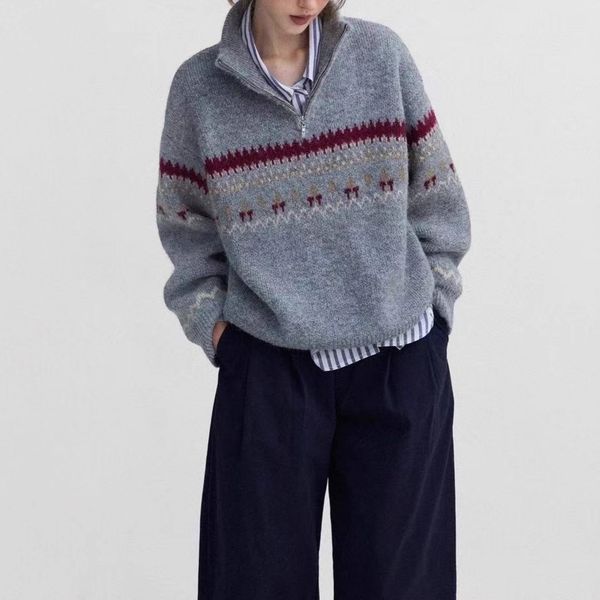 Iceland Vacation 'Vintage High Weight Wool Fair Isle Jacquard Color-Block Half-Open Front Sweater for Women dongdumaoyi