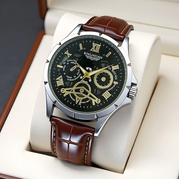 New men's business casual leather strap quartz watch, simple and sporty design, suitable for multiple occasions.