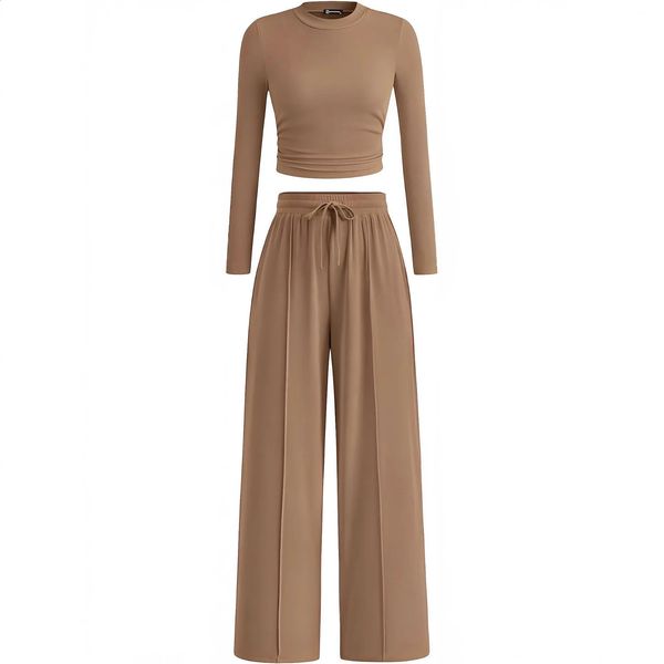Womens Two Piece Set Long Sleeve Crop Top High Waist Wide Leg Pants Casual Outfit 251222