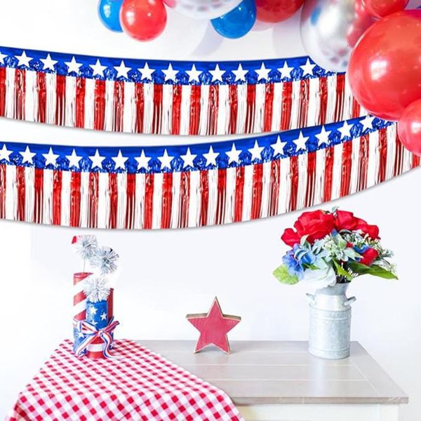 2026 New 6M Red White Blue Rain Silk Curtain American Independence Day Decoration Tassel Pull Flower Home Courtyard Layout Banner Designer