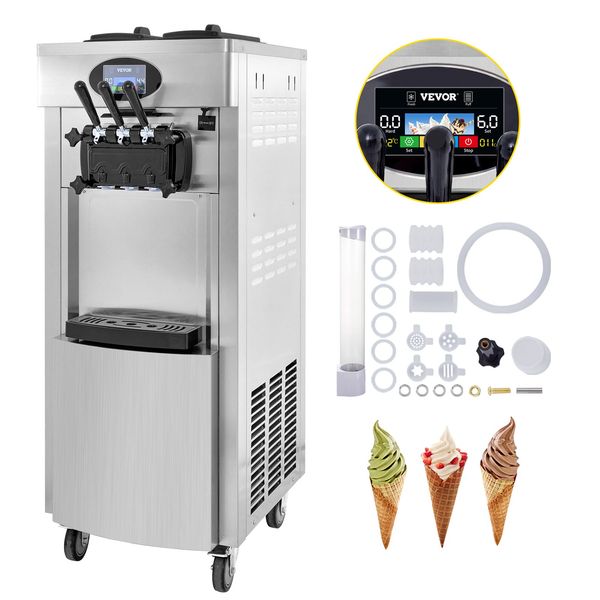 2200W Commercial Soft Ice Cream Machine icecream 3 Flavors 5.3 to 7.4 Gallon per Hour PreCooling at Night Auto Clean LCD Panel for Restaurants Snack Bar, Sliver