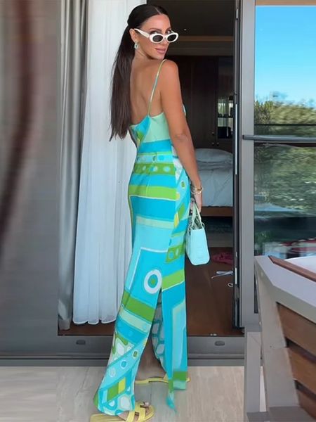 Chic Print Sling Long Dress Women Sleevless Backless Side Split Party Dresses 2025 Summer Street Beach Lady Ankle-length Robes 251225