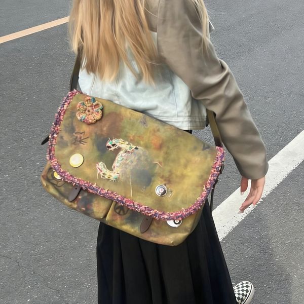 10A original quality vintage bag anti war bag Graffiti canvas clutch bag designer flap bag handbag flip bag women tote genuine leather shoulder bag postman bag
