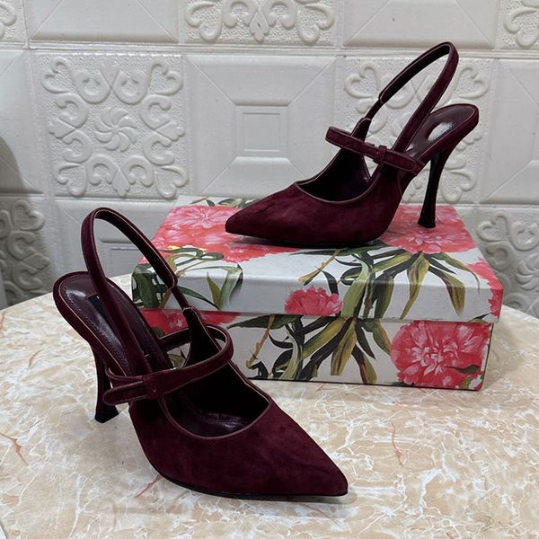 Suede Back Strap Shoes Women's Summer Fashion High Heels Ladie Pointed Sandals Designer Slim heels Metal Logo Sizes 35 42