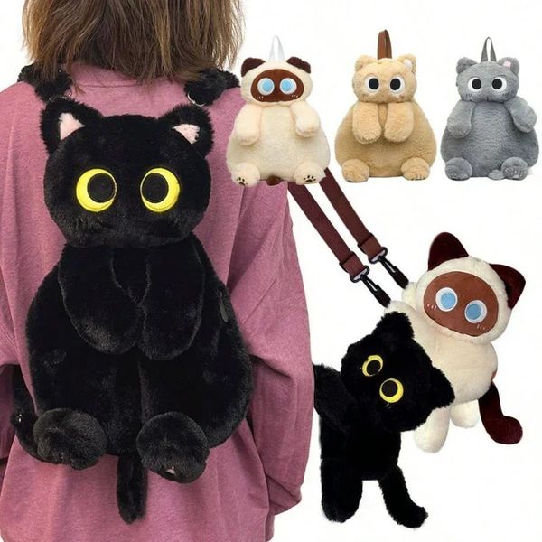 Black Cat Backpacks Big Eyes Kitten Doll Plush Kawaii Stuffed Animals Shoulder Bag Large-capacity Soft Toy Fashion Crossbody Bag 251231