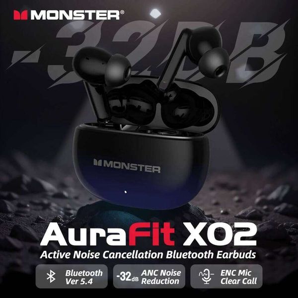 Monster Aurafit Xt02 ANC Earphone -32Db Active Noise Canceling Earbuds Hi-Fi Stereo Wireless Bluetooth 5.4 Headphone