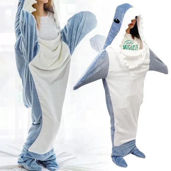 Cartoon Shark Blanket Plaid Women Pajamas Sleeping Bag Robe Shark Blanket Megalodon Gown Adult Homewear Plaid Comfy Bathrobe 251230