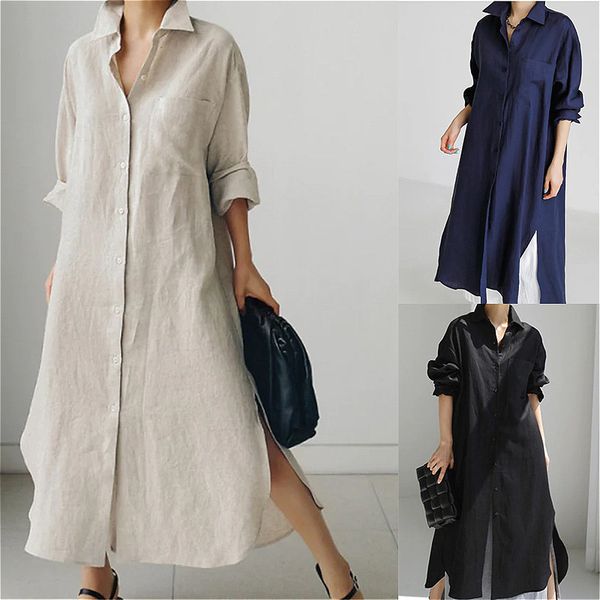 132 New European and American cotton and linen shirt dress loose irregular bottoming shirt cardigan long dress