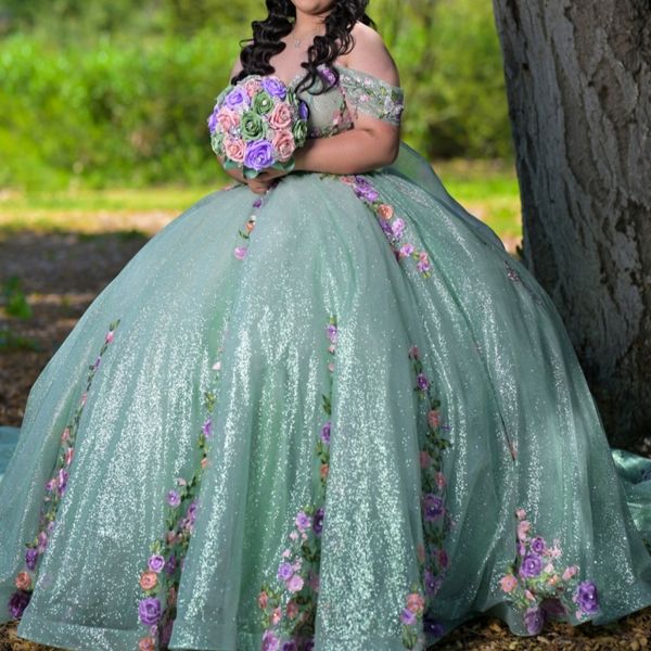 Mint Green Shiny Quinceanera Dresses Ball Gown Off The Shoulder Applique Lace Beads Bow Tull Party Birthday Sweet 16 Dress Vestidos 15 Anos