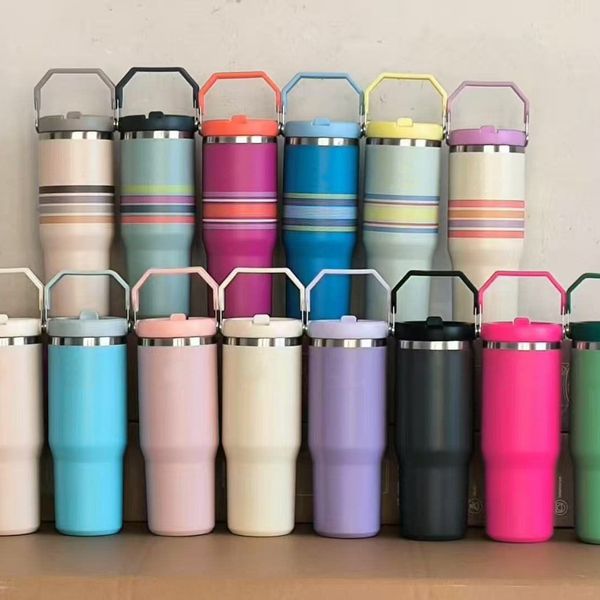 30oz Reusable Flip Straw Tumblers with Handle Lid Stainless Steel Beer Mug Insulated Travel Coffee Mug for DIY 0708