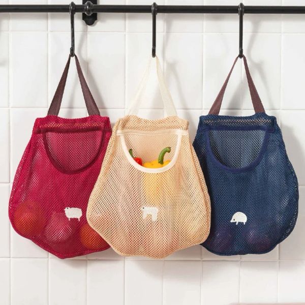 1pc Reusable Kitchen Hanging Mesh Storage Bag Washable Home Fruit Vegetable Net Bag Ginger Garlic Potatoes Onions Hollow Bag