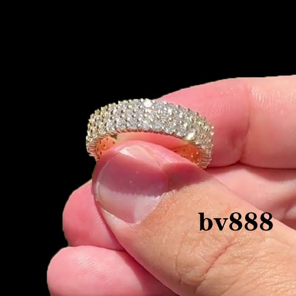 Hiphop Men Rings Eternity Ring Sparkling Fully Iced Out 3 Rows 925 Silver Gold Plated VVS Moissanite Ring