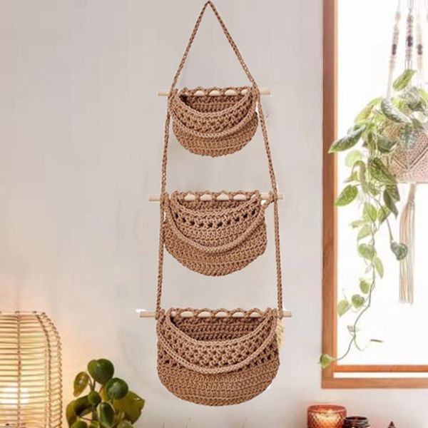 Practical Cotton Rope Hanging Fruit Baskets Simple Handmade Fruit Net Pocket Stylish 3 Tier Storage Bag Living Room