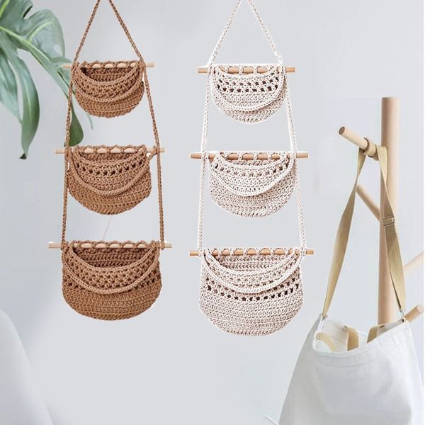 Durable Cotton Rope Hanging Fruit Baskets Simple Stylish Fruit Net Pocket Handmade 3 Tier Storage Bag for Home