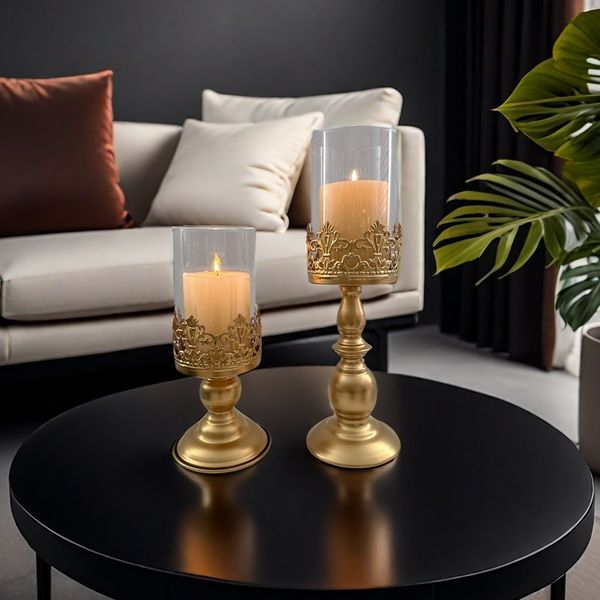 Hurricane candlestick vintage old black 2 pieces, multifunctional metal base with glass cover floral center decoration candlesti