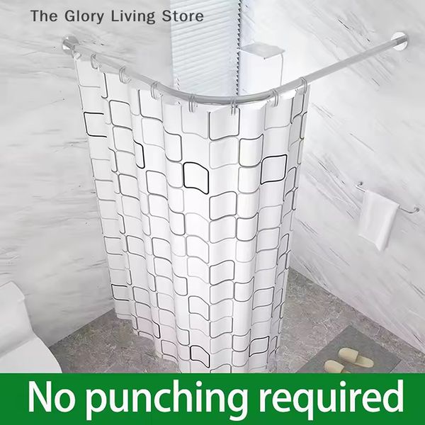 Extendable Curved Shower Curtain Rod Silver L Shaped Stainless Steel Shower Curtain Poles Punch-Free Bathroom Curtain Rail 3Size