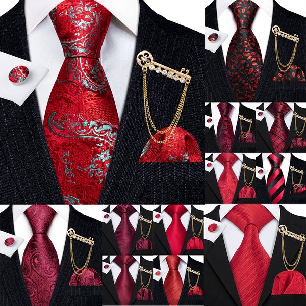 Barry.Wang Red Silk Mens Tie Hanky Cufflinks Brooch Set Jacquard Rose Burgundy Maroon Necktie Gold Pin For Male Wedding Events