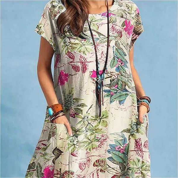 168 Ladies New Fashion Cotton and Linen Plant Print Round Neck Pocket Short Sleeve Casual Dress