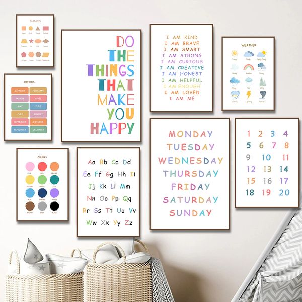 English Education Poster Alphabet Number Color Shape Wall Art Prints Canvas Painting Pictures Kids Room Nursery Classroom Decor