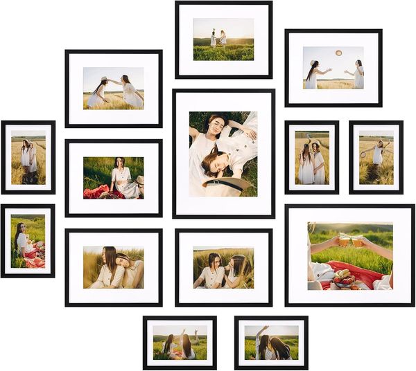 14 Pack Black Picture Frames with Mat for Various Sizes Photos, Assorted Matted Frame Set Including Two 11x14, 8x10, Six 5x7 H260310