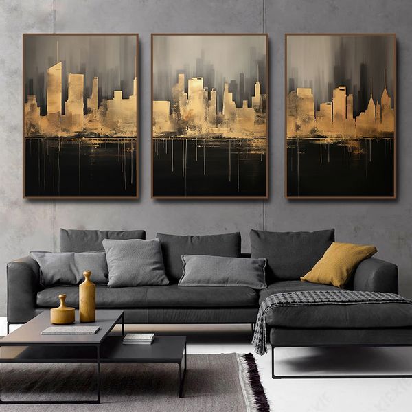 Golden City Horizon Poster Minimalist City Skyline Abstract Canvas Painting Wall Art Print for Living Room Home Decor Cuadros
