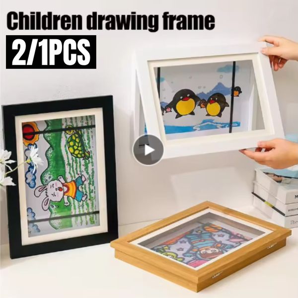 2/1Pcs Children's Drawing Picture Photos Front Open Wooden Kids Art Frames 5.9x4.3 Inner Wall Pictures Frame H260310