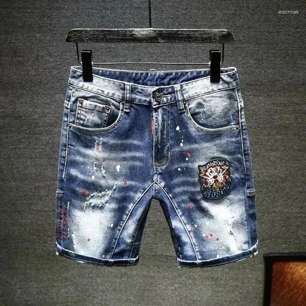Men's Jeans Mens High Quality Elastic Embroidery Knee Length Ripped Denim Shorts Brand Summer Thin Trendy Slim-fit Five-point Pants, Blue 
Men's Jeans Mens High Quality Elastic Embroidery Knee Length Ripped Denim Shorts Brand Summer Thin Trendy Slim-fit Five-point Pants, Blue