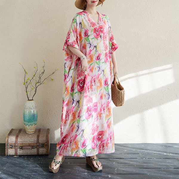 B422 Summer floral holiday travel V-neck retro long skirt covering flesh cotton and linen dress, Blue
B422 Summer floral holiday travel V-neck retro long skirt covering flesh cotton and linen dress, Blue