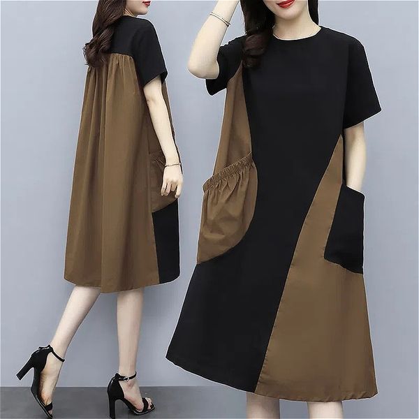 201 contrast color stitching short-sleeved dress new summer large size loose slimming stylish age-reducing belly-covering skirt for women