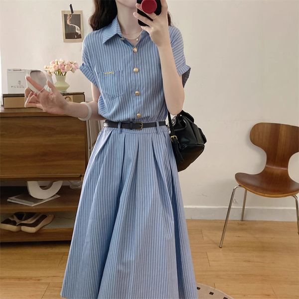 B428 Summer new blue striped college style versatile slim art retro waist shirt dress, Lavender
B428 Summer new blue striped college style versatile slim art retro waist shirt dress, Lavender