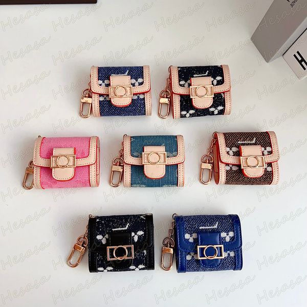 Luxury Jeans Denim Earphone Package Universal for Airpods 1 2 3 Pro 4 Pro2 Leather Mini Purse Storage Bag Bluetooth Wireless Charging House Cover with Anti-skid Chain