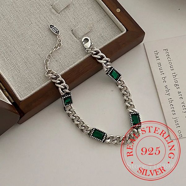 925 Sterling Silver Green Stone Retro Chain Bracelet For Women Men Charms Party Gift Wedding Engagement Fashion Jewellery