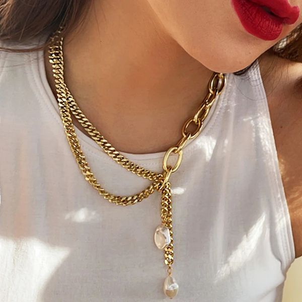 women chunky knot links chain statement freswater pearl Pendant Necklace larit long gold plated fashion jewelry bijoux 250712
