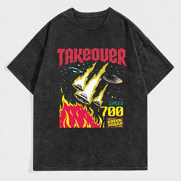 Washed Vintage Short T-Shirt for Men and Women, Summer Loose Trendy Brand, Snowflake Spaceship Letter Ins Half Sleeve, Black
Washed Vintage Short T-Shirt for Men and Women, Summer Loose Trendy Brand, Snowflake Spaceship Letter Ins Half Sleeve, Black