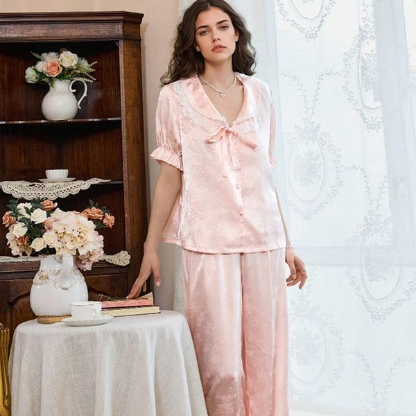 2025 New Women's Spring/Summer Silk Satin Lace Trim Bow Short Sleeve Long Pants Pajama Set Homewear, Pink
2025 New Women's Spring/Summer Silk Satin Lace Trim Bow Short Sleeve Long Pants Pajama Set Homewear, Pink