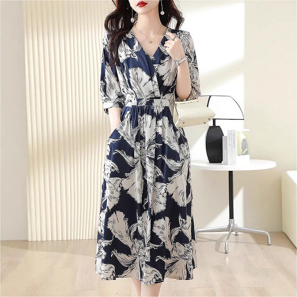 208 silk dress female mulberry silk mid-length over knee large size 2025 summer new temperament light luxury French summer dress female