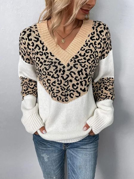 Womens casual leopard print Vneck sweater long sleeved loose fitting pullover knitted jumper top 250707