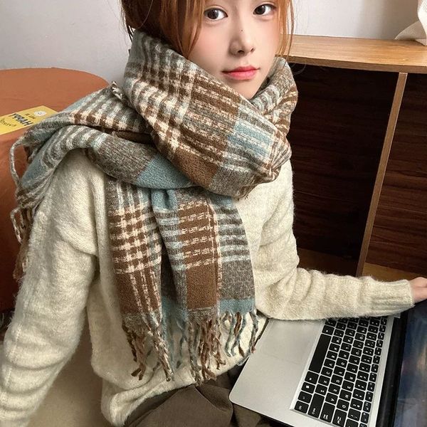 New No. 731 Plaid tassel knitted scarf women Korean atmosphere versatile autumn and winter couple shawl thickened warm scarf shawl