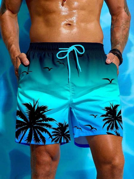 Summer Mens Swimwear Board Shorts Palm Tree 3D Print Drawst…