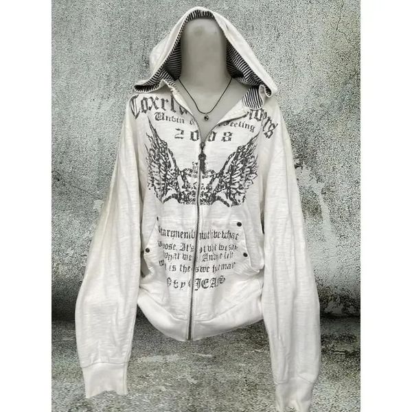 Vintage Sweatshirts Women's Clothes White Print Tunic Hooded Y2k Coat Streetwear Fashion Casual Hoodies Tops Ropa Mujer