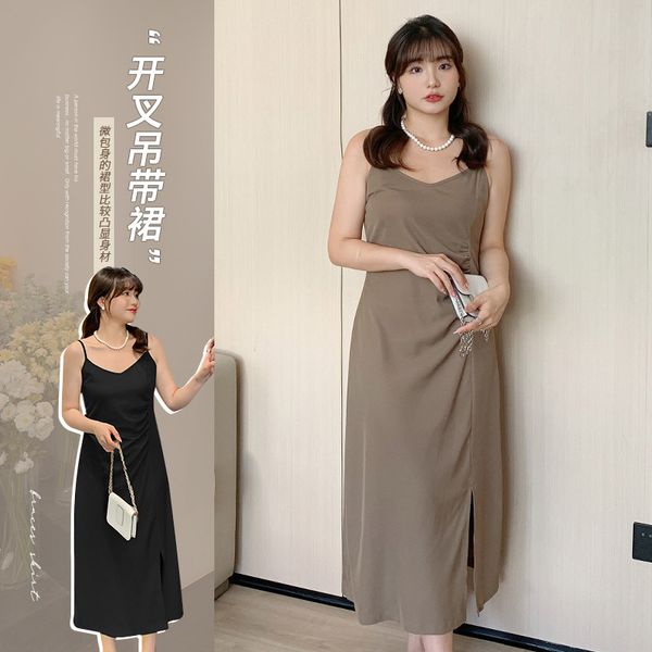 B439Summer new arrival fat mm plus size women's solid color pleated slim slit mid-length suspender dress, Multi
B439Summer new arrival fat mm plus size women's solid color pleated slim slit mid-length suspender dress, Multi