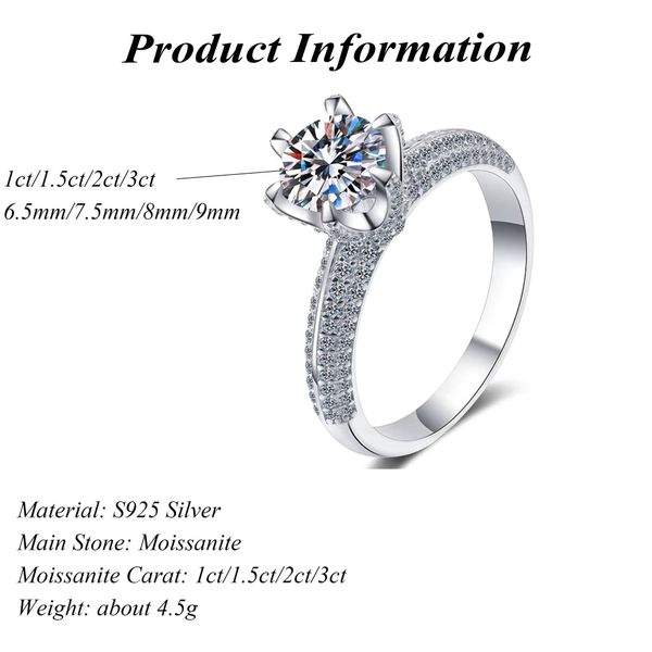S925 Sterling Silver Rhodium Plated 1ct/2ct/3ct Cut Moissanite Proposal Ring Elegant Luxurious Wedding Parties Anniversaries