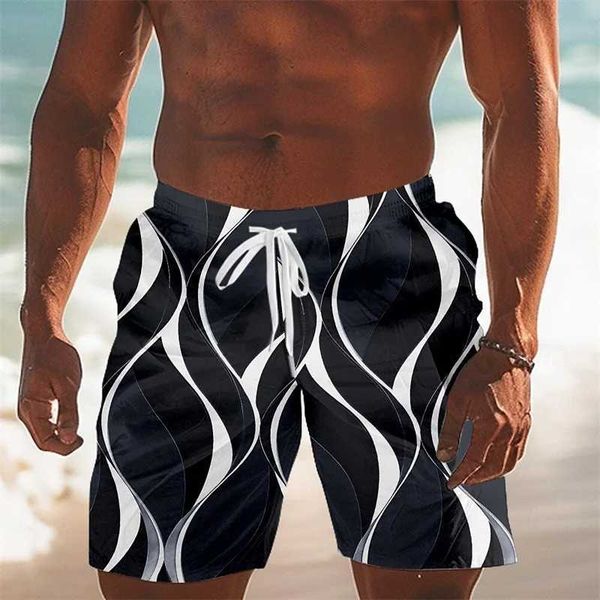 Mens Hawaiian Swimming Trunks 3D Simple Line Printing Beach…