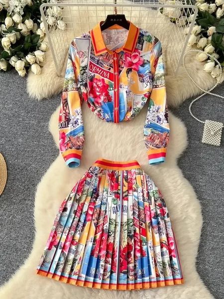 2025 Spring Summer Womens Long Sleeve Lapel Gorgeous Flower Print Shirt Top High Waist Zipper Pleated Mini Skirts 2 Piece Set 250728