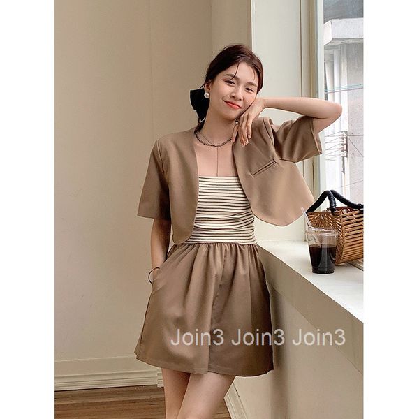 Summer New Womens Casual Short Sleeve Jacket Short + Striped Patchwork Wide-Leg Shorts Two-Piece Set