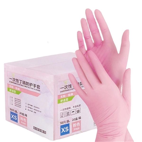 50/100PCS Pink Nitrile Gloves Disposable Powder Free Household Cleaning Gloves for Kitchen Gardening Working Beauty Nail Gloves 250730