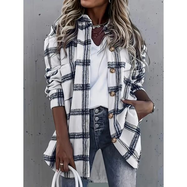Plus Size 1XL-5XL Summer Women's Plaid Print Shirt with Lapel Collar Ladies Casual Long Sleeves Blouse Shirt Top